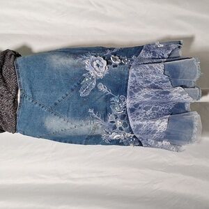 Embroidered Denim Skirt with Lace Trim